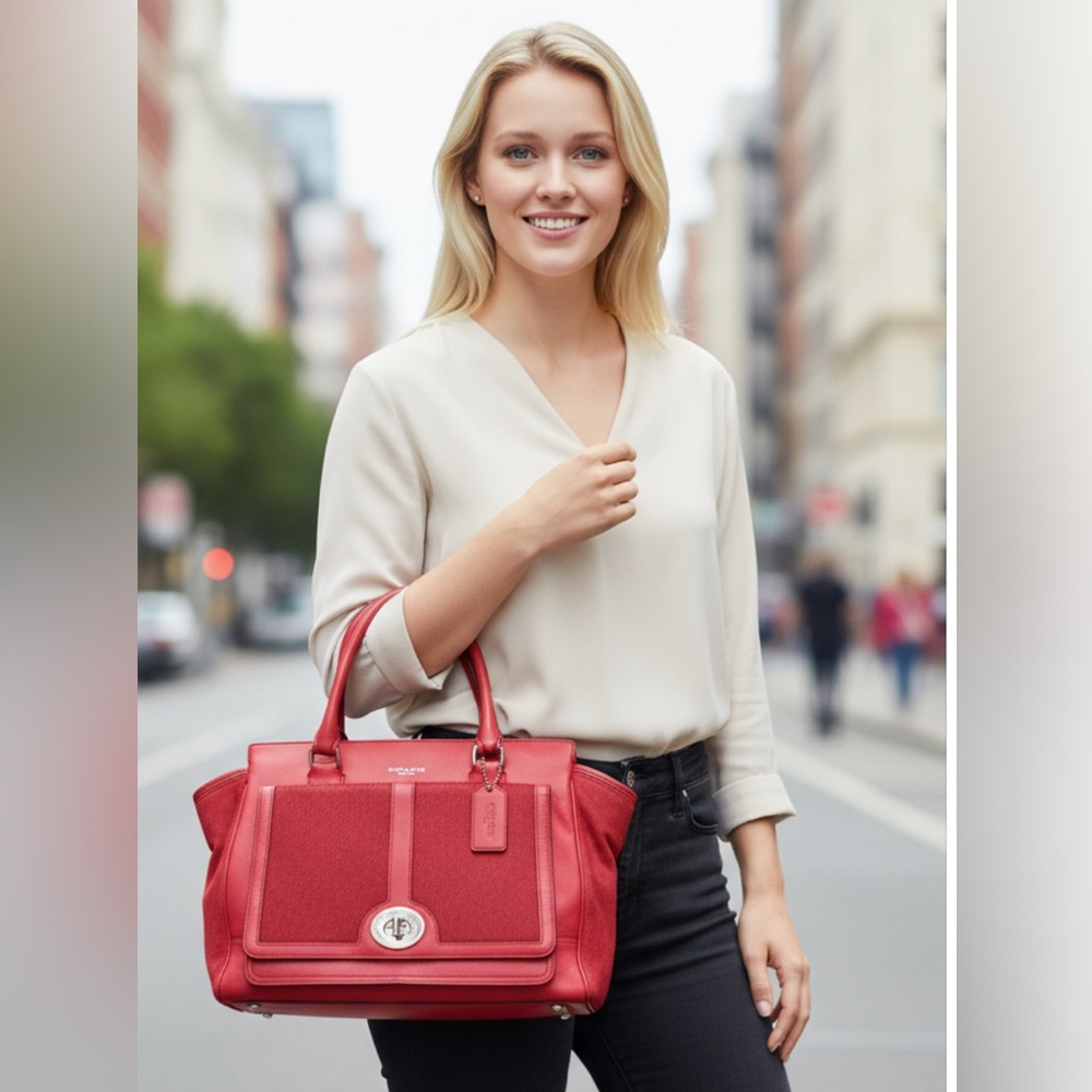 COACH  VINTAGE red leather bag with pony hair front panel pocket.  Dust Bag.